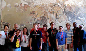 Our group stands before the Alexander mosaic in Naples